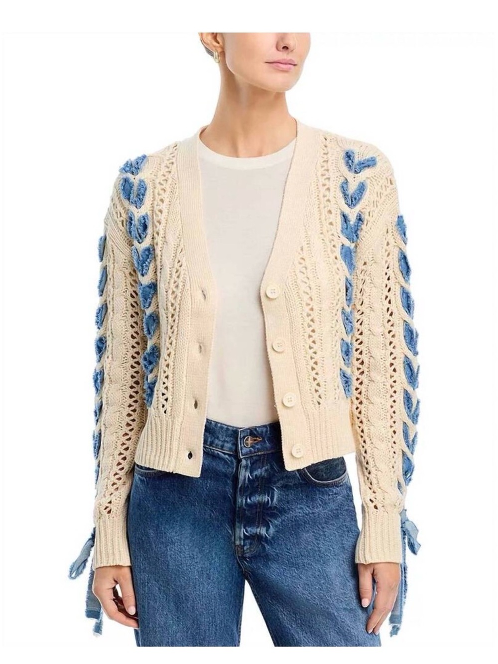 NEW DRIFTWOOD braided denim button front sweater in beige m bows